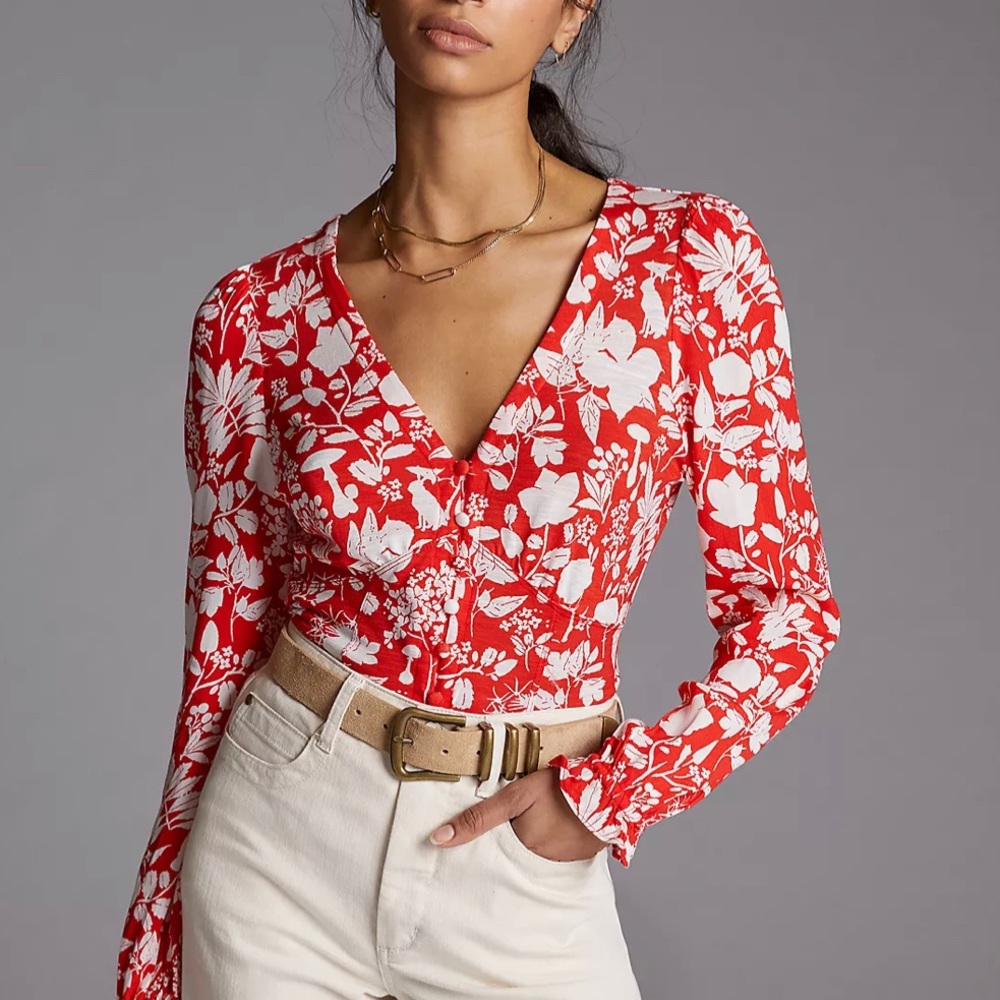Anthropologie Red Floral Top